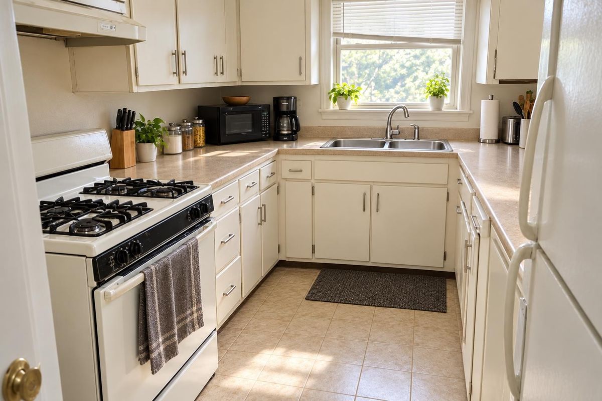 A greasy kitchen, now spotless, after cleaning