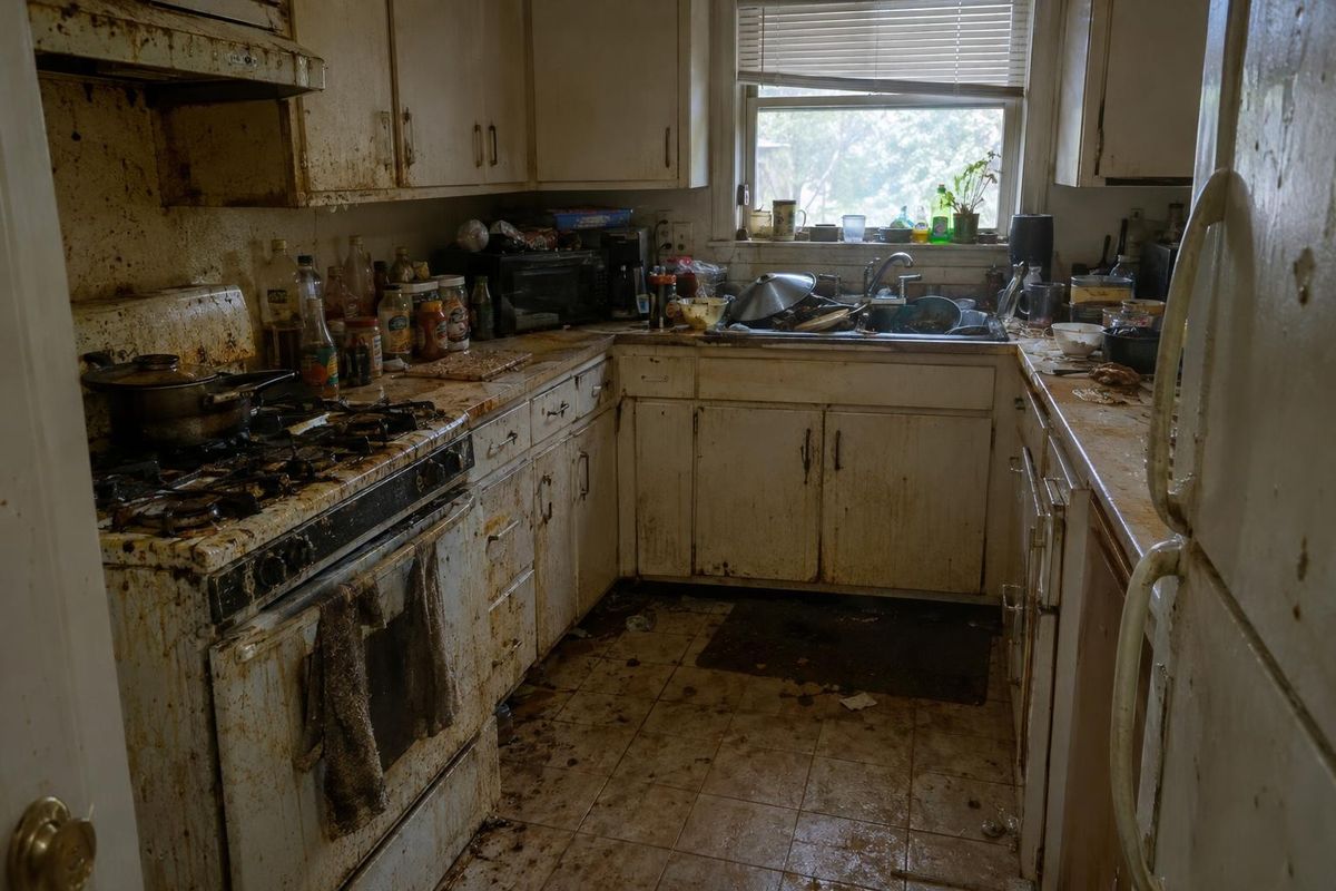 A greasy kitchen, now spotless, before